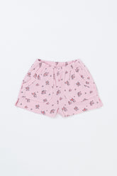 Flat Lay of Avauma Fluffy Garden Peach Mood Baby Shorts, Soft Pink Floral Print Cotton Shorts